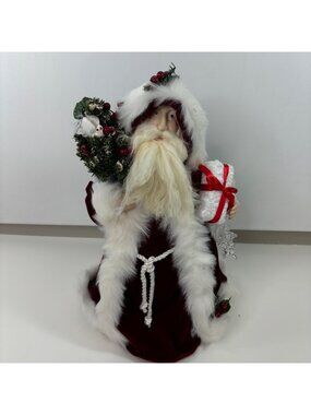 Vintage Santa Claus 17" Figurine With Red Velvet & White Fur Coat Holding Gift &